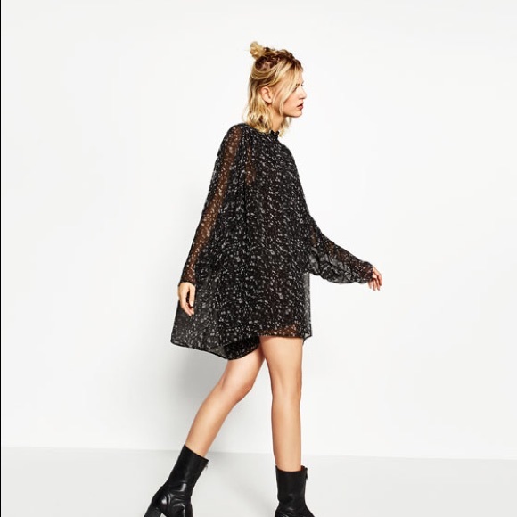 NWT Zara Black Floral Sheer Oversized Romper Dress - Picture 2 of 5